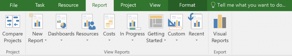 Microsoft Project reports - Reporting ribbon in Project Pro for office 365