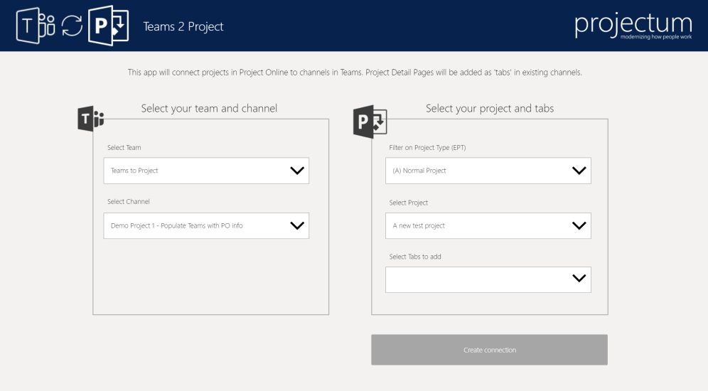 Teams 2 Project app interface as it is shown inside Teams.
