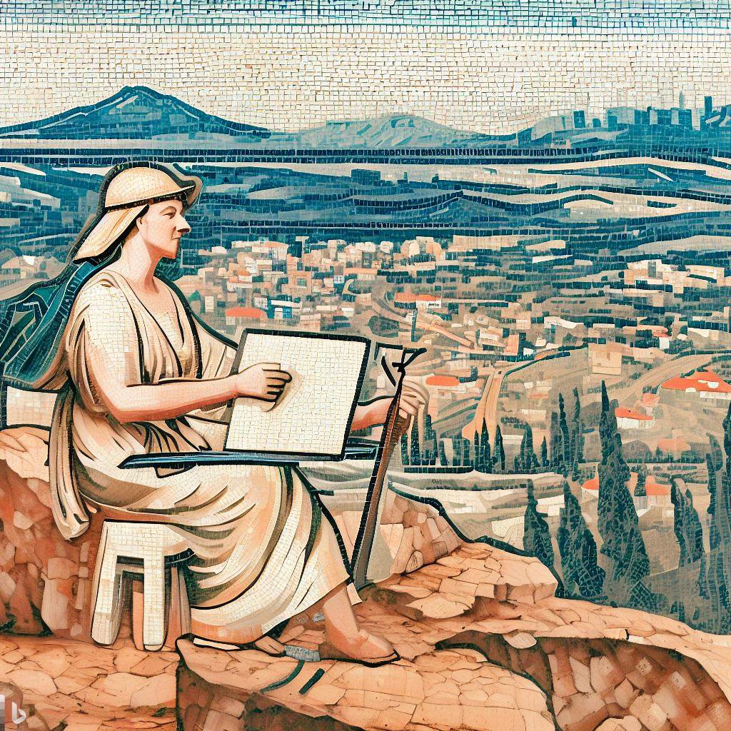 Ancient Greek Project Manager, working on a hillside with Athens in the background. mosaic.