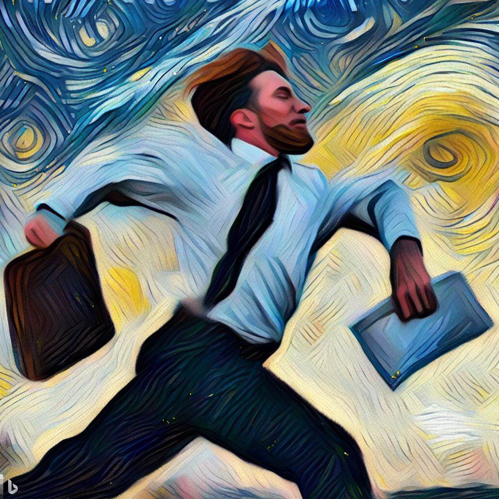 A project manager, chasing his next deadline, in the style of Vincent van Gogh.