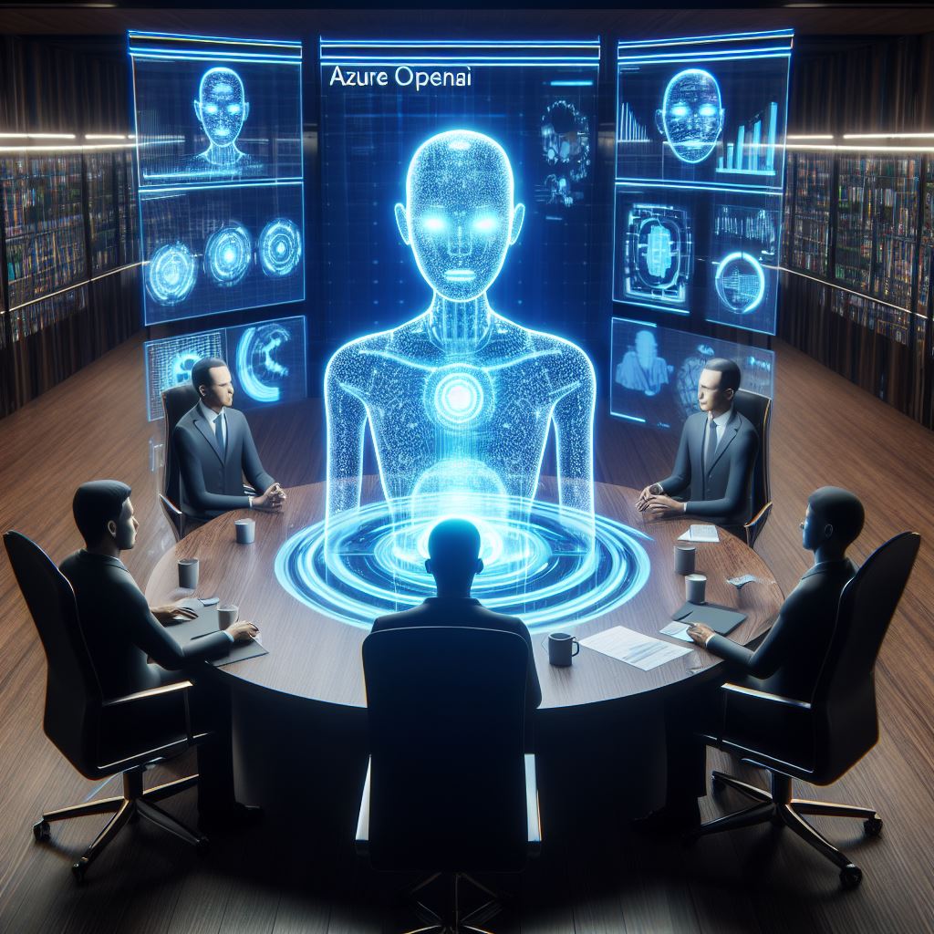 Inside a futuristic boardroom, 4 Senior Project Managers sit at a round table. In the center of the table Azure OpenAI is visualized as a holographic display of a company chatbot. Source Dall-E3
