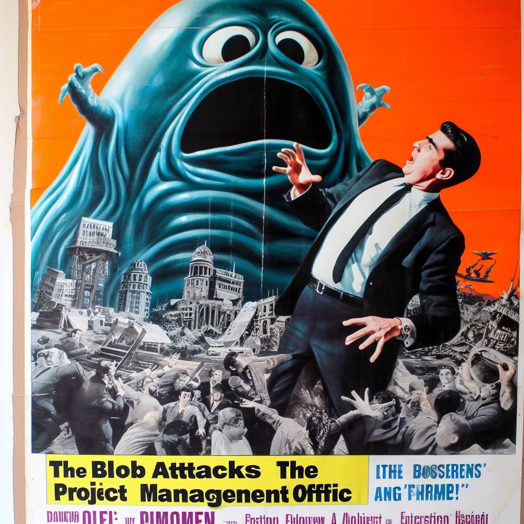A 60s movie poster for "The blob attacks the Project Management Office"
generative AI. Dall e3