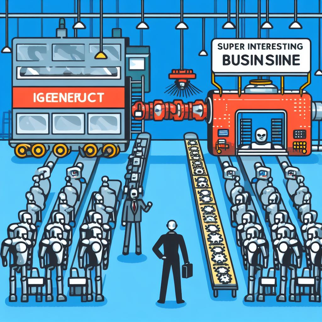AI generated image of an assembly line with a big machine at the end. On the left side of the machine the line has generic robots on it. on the output side of the line, after the big machine, there is a super interesting and valuable business minded robot.