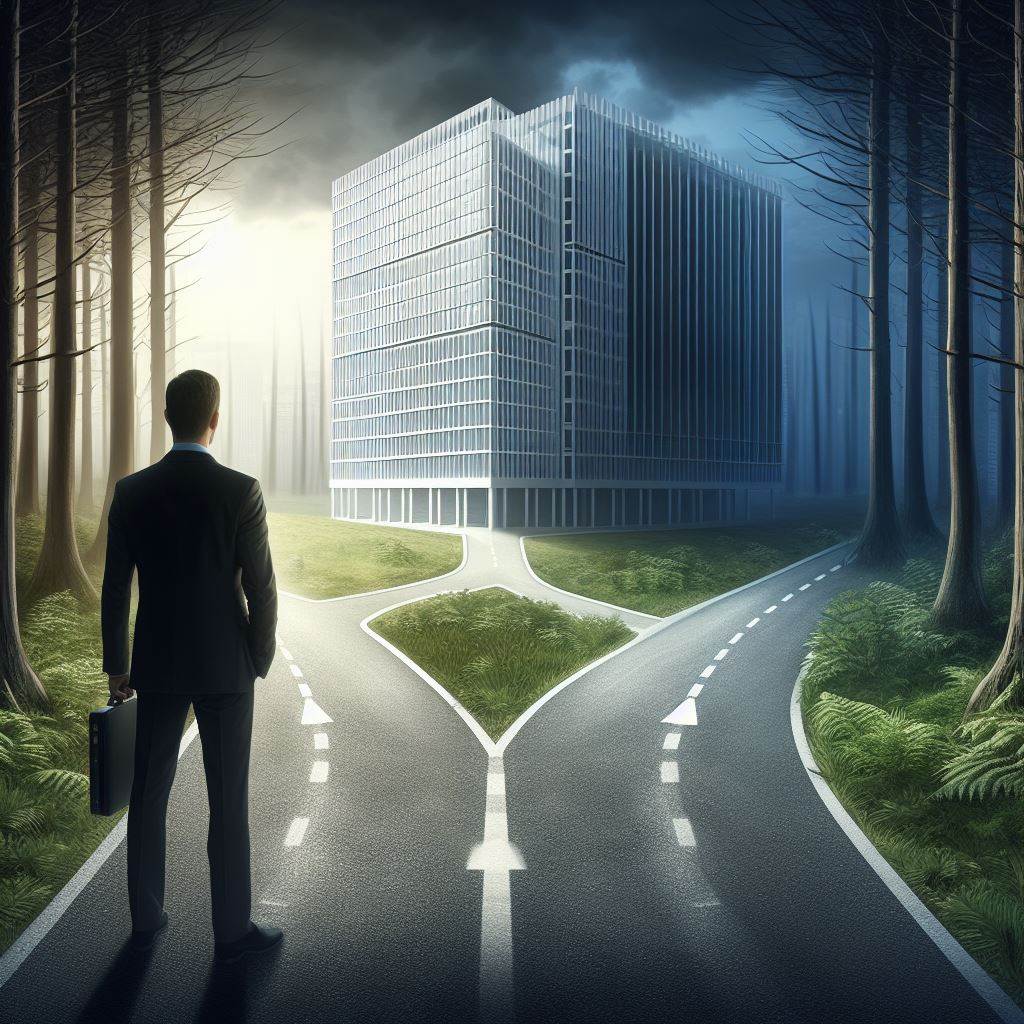 A project manager, standing with his back to the viewer, looking at a forked road. One into a dark forrest, the other path leads to a wonderfully designed office building.
