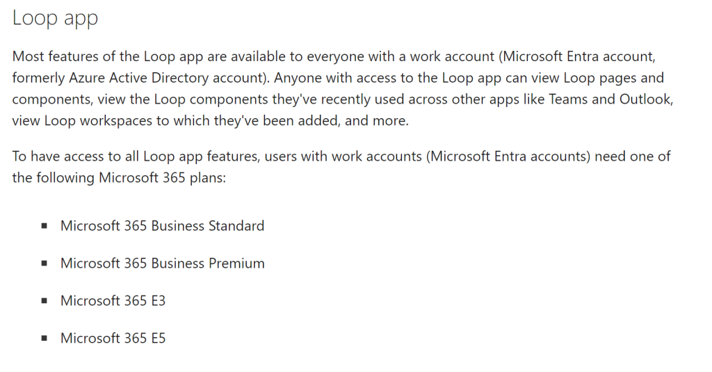 Microsoft Loop license requirements.